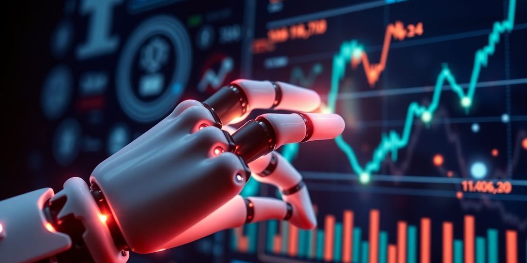 Robot hand interacting with digital finance elements.