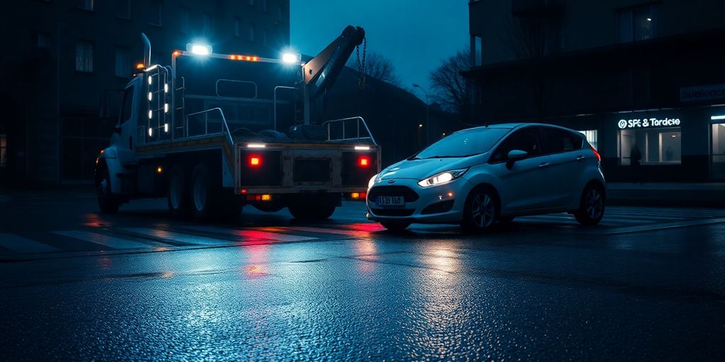 Tow truck hooking up disabled car on road.