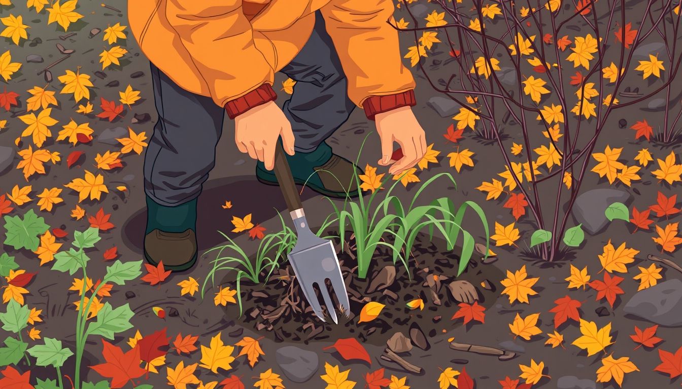 Gardener removing weeds in autumn garden