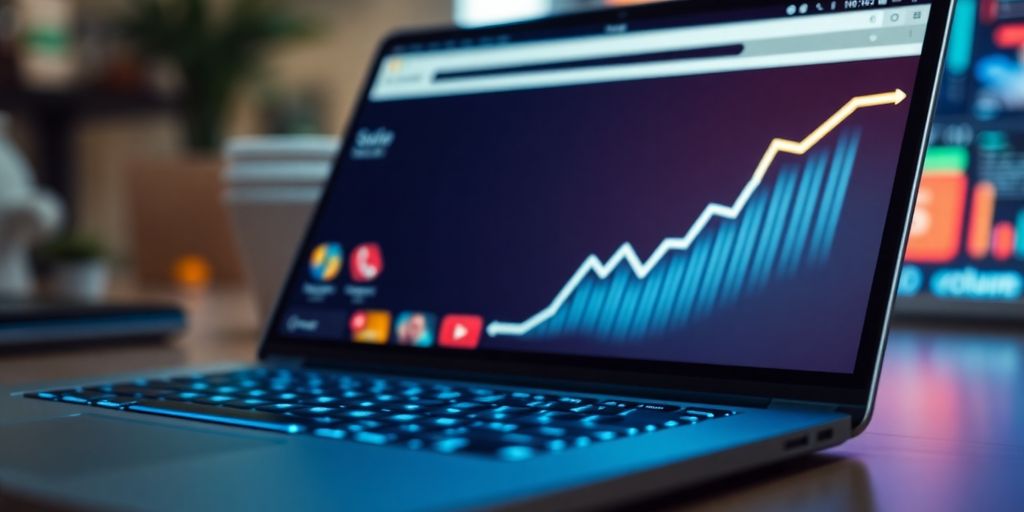 Modern laptop displaying glowing e-commerce growth icons.