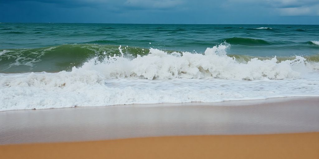 Vague puissante submergeant une plage déserte.