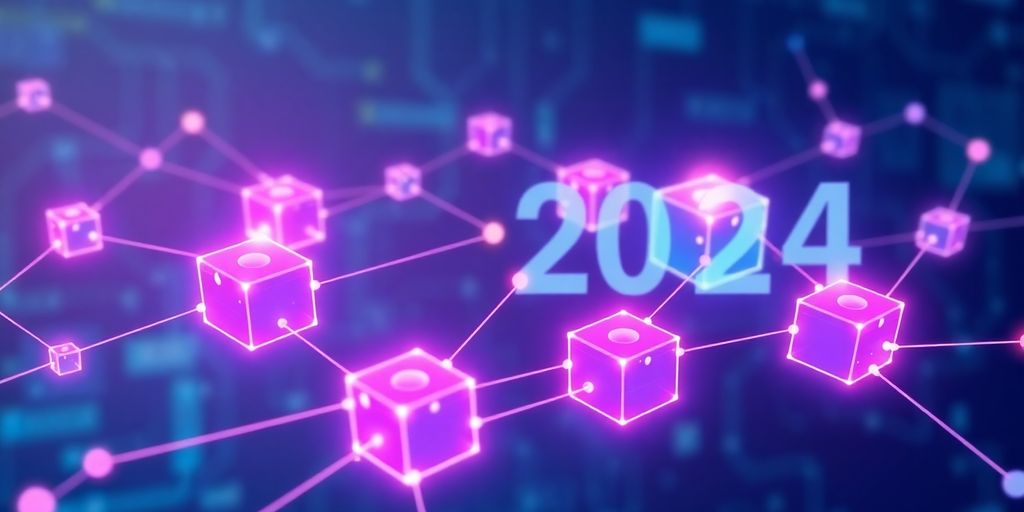 Illustrative image of interconnected blockchain nodes and blocks.