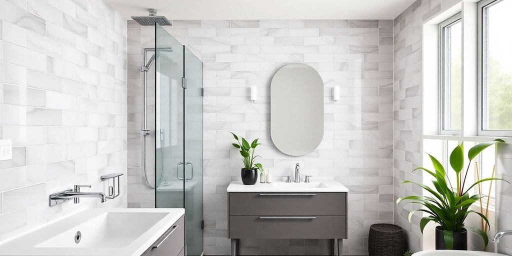 Modern bathroom with sleek fixtures and stylish design.