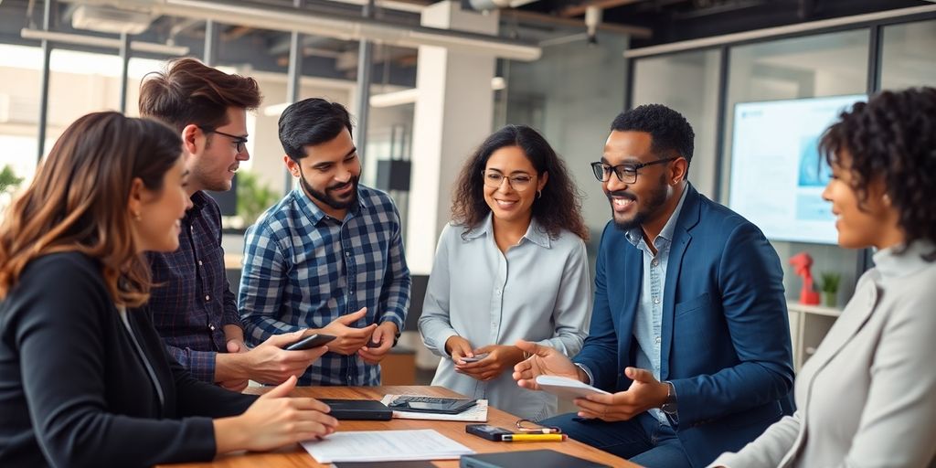 Group discussing machine learning in a modern office setting.