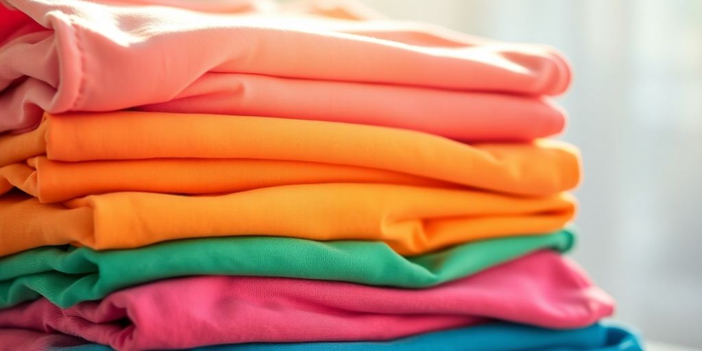 Colorful folded t-shirts stacked neatly