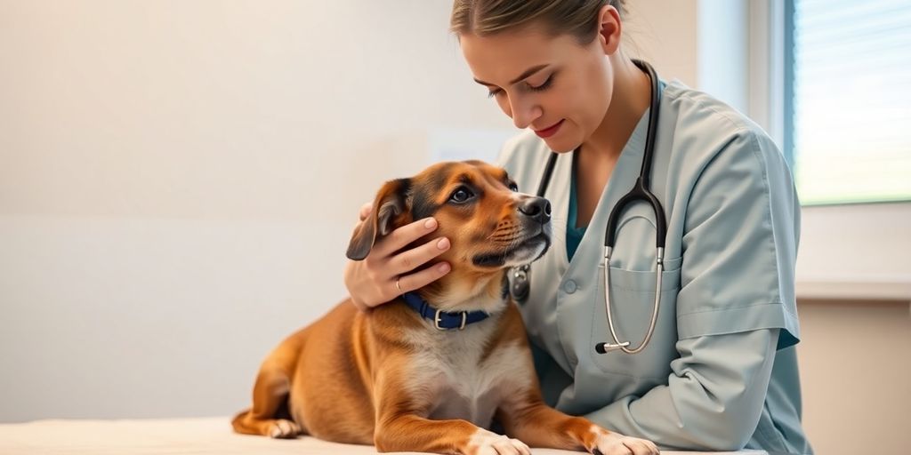 Veterinarian comforting a pet in a serene environment.