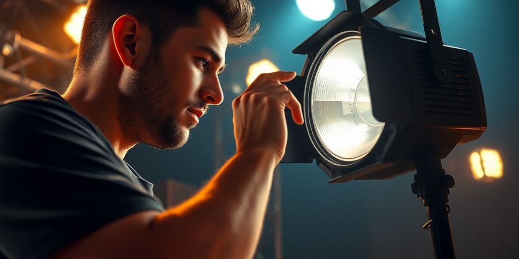 Stage technician adjusting theatrical lighting equipment.