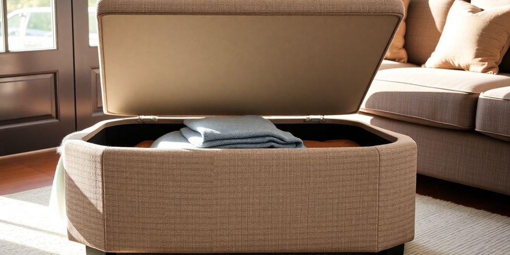 Stylish storage ottoman in a living room setting.