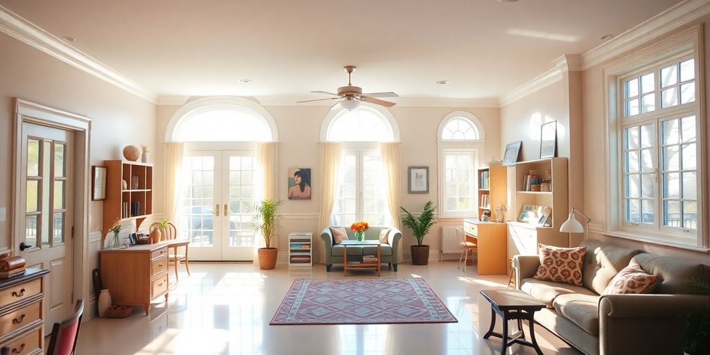 Clean sorority house interior with bright natural light.