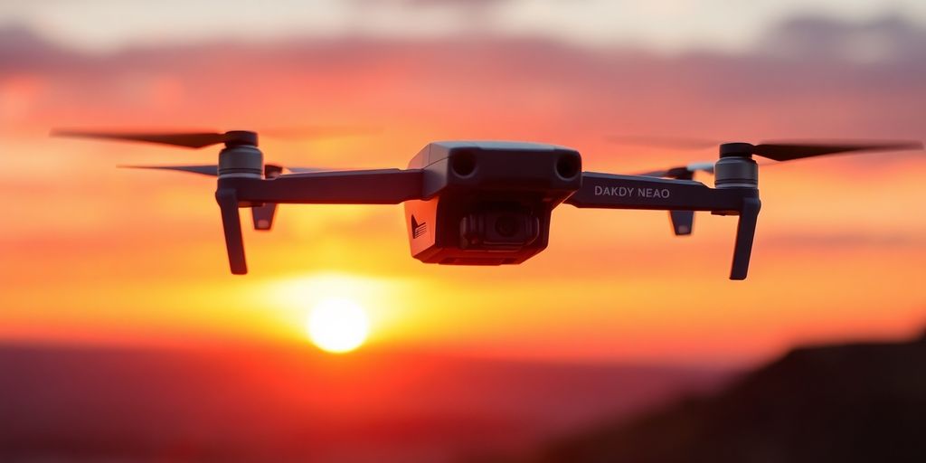Drone DJI Neo survolant un paysage au coucher de soleil.
