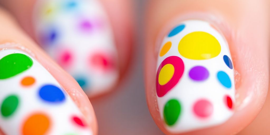 Unhas decoradas com pontos coloridos e criativos.