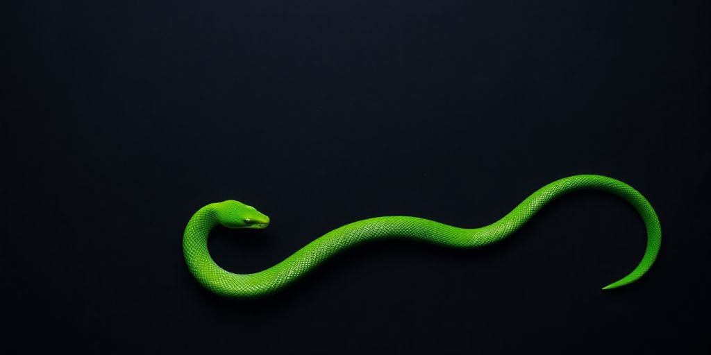 Grüne Schlange schlängelt sich auf dunklem Hintergrund.