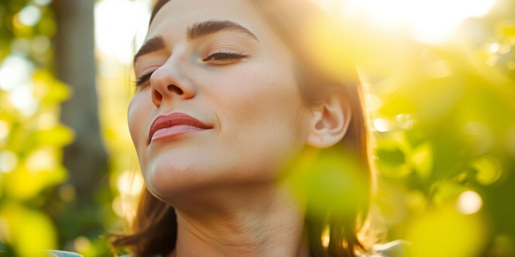 Serene person meditating outdoors, sun shining.