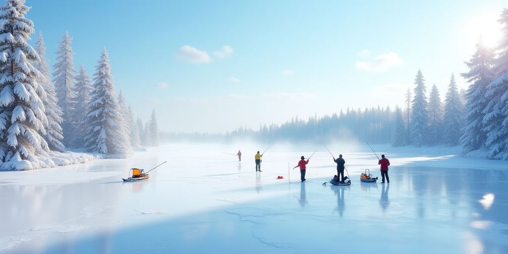 Ice fishermen on frozen Lower Red Lake in winter.