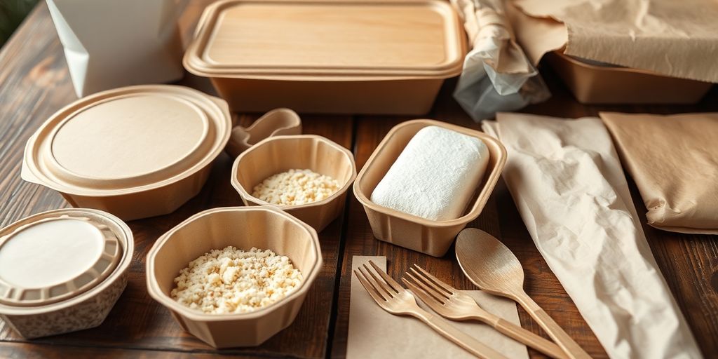Biodegradable packaging pieces scattered on wooden surface.