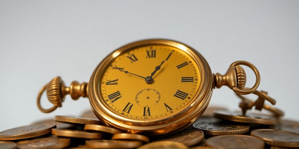 Ancienne horloge de poche en or et tas de pièces.