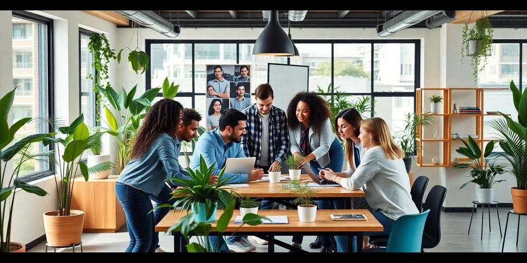 Entrepreneurs collaborating in a vibrant workspace for growth.