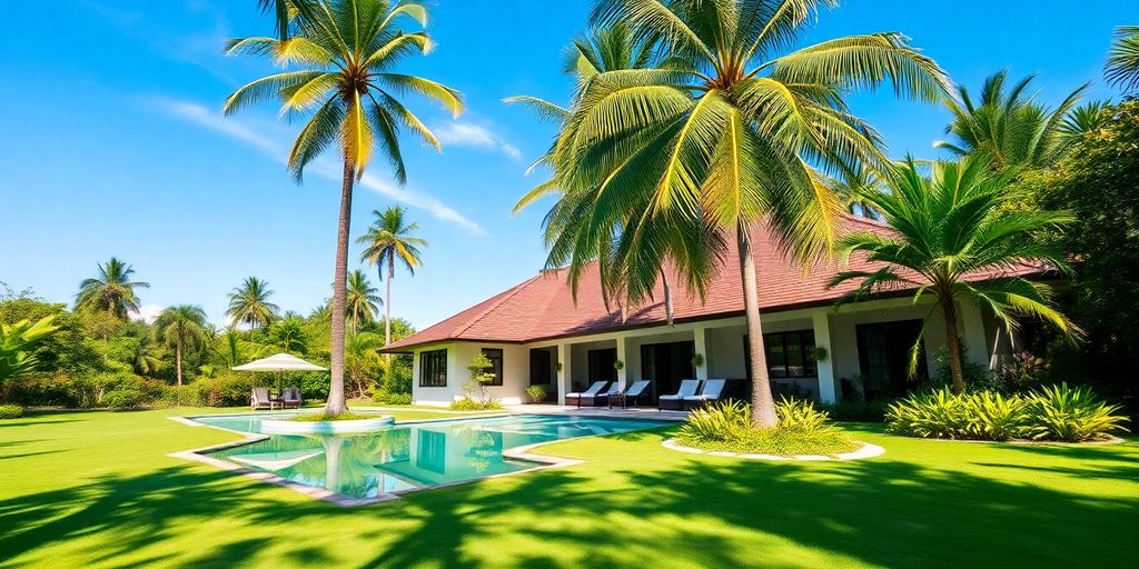 Thai villa with lush greenery and clear blue sky.