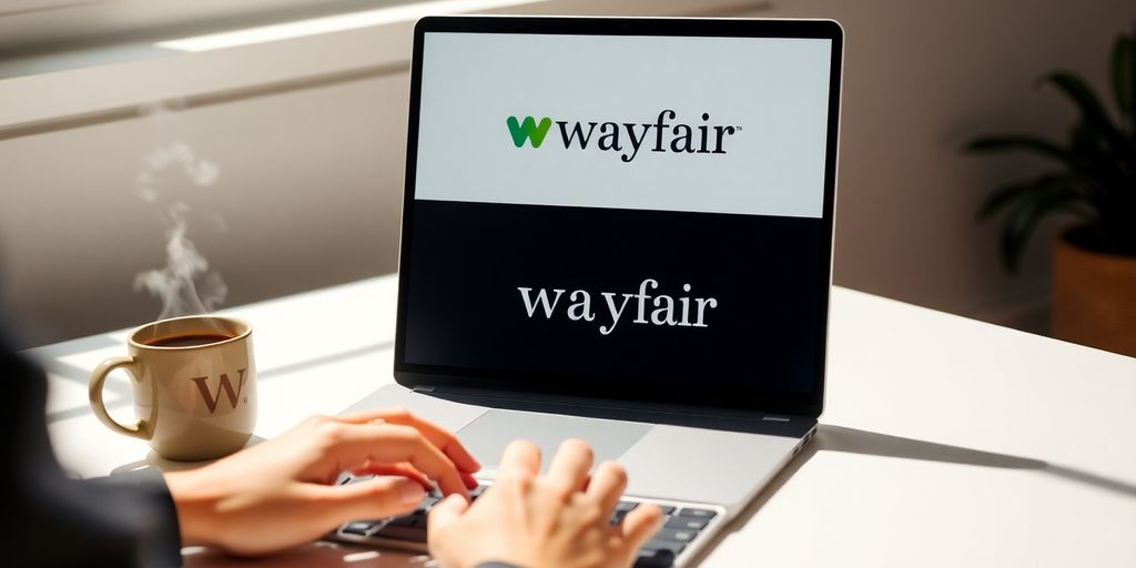 Laptop, Wayfair logo, hands, coffee, sunlight.