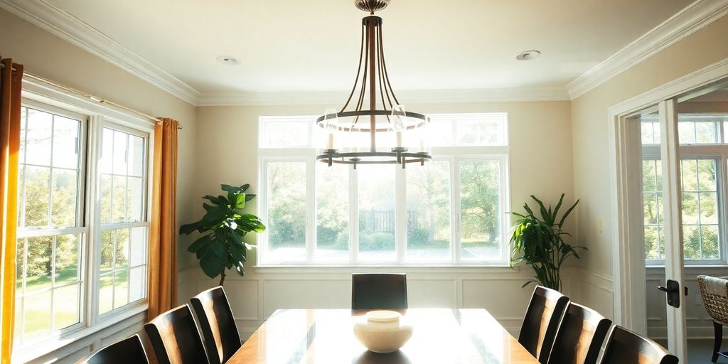 Elegant dining room with a modern chandelier.