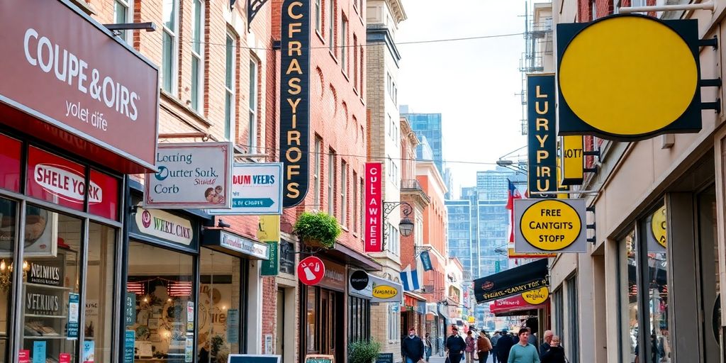 Rue animée avec des commerces locaux et enseignes.