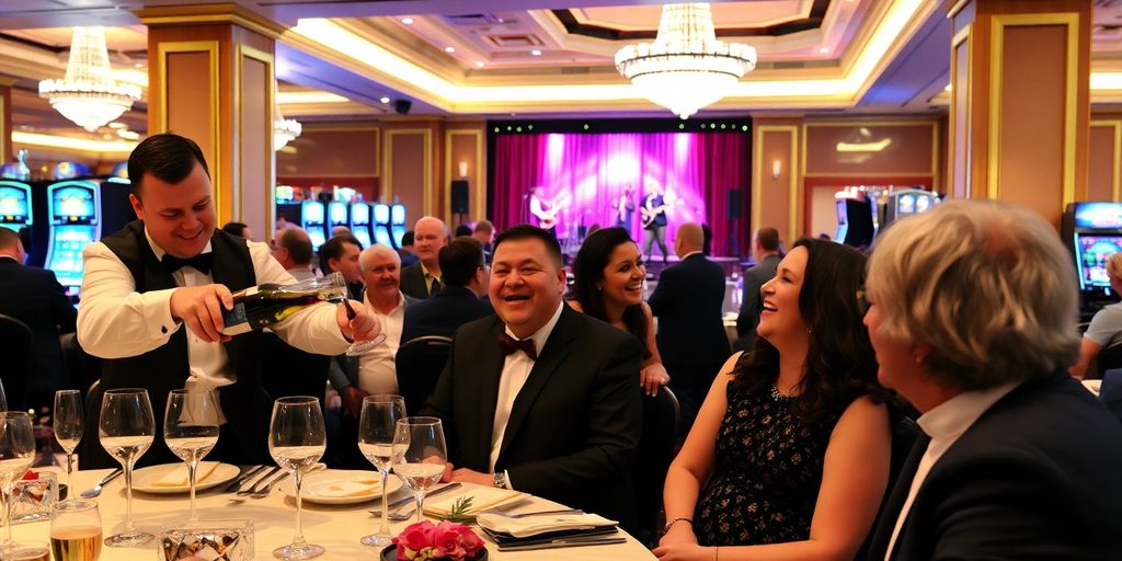 Table settings, food, and people enjoying casino rewards.
