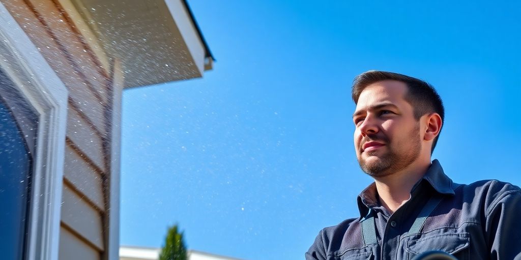 Power washing technician cleaning a home's exterior.