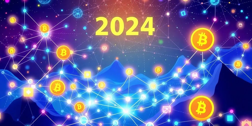 Futuristic digital landscape with blockchain nodes and currency symbols.