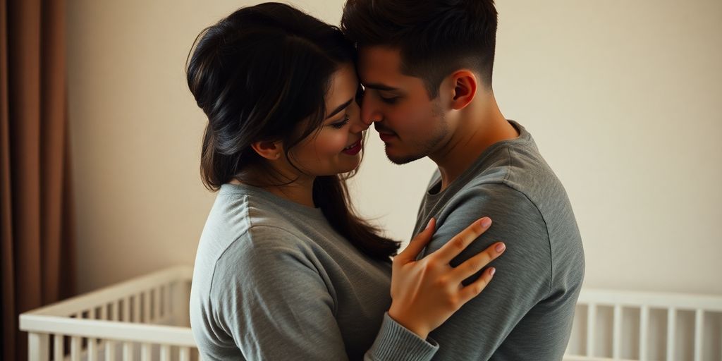 Couple embracing, baby in crib nearby.