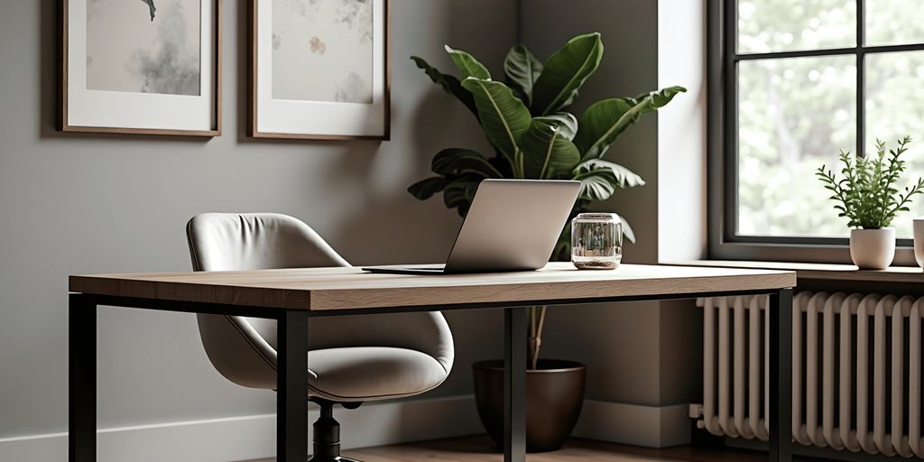 Modern workspace with a desk, chair, plants, and artwork.