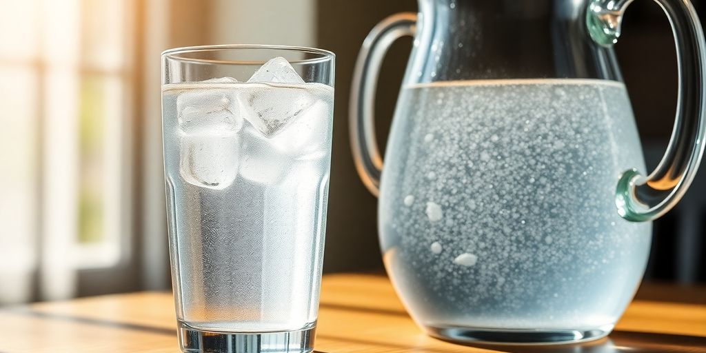 Sparkling water glass, full, next to pitcher.
