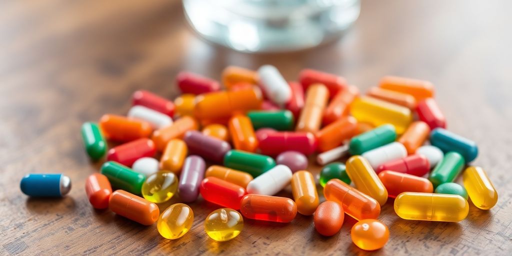 Colorful vitamin pills on a wooden table with water.