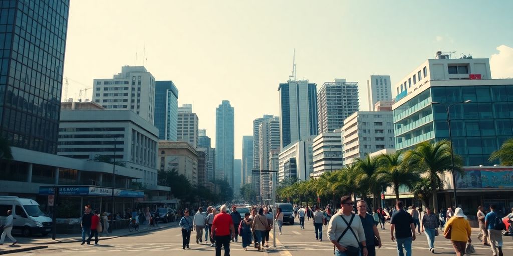 Cenário urbano brasileiro com pessoas e edifícios modernos.