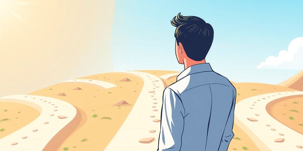 A person stands at a crossroads, choosing a path