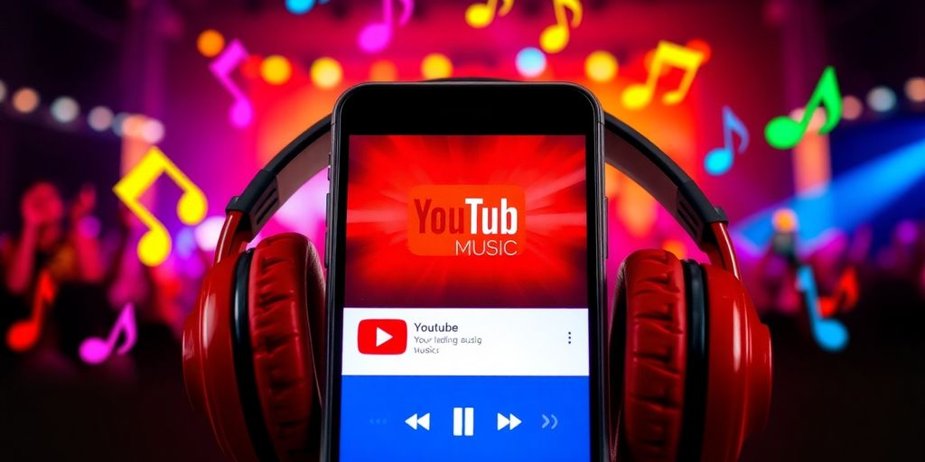 Smartphone with YouTube Music app and music elements.
