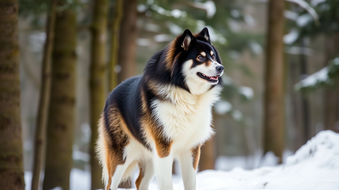 Karelian Bear Dog in a snowy forest setting.