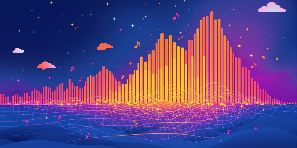 Music waveform growing into sound waves.