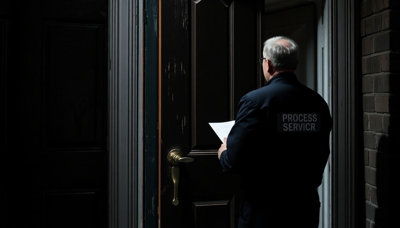 Process server knocking on a battered door.