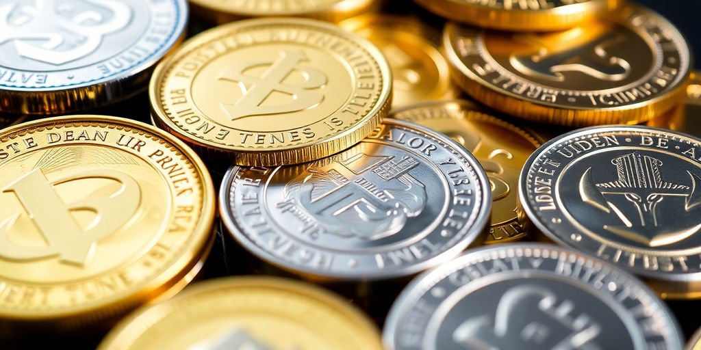 Close-up of shiny gold and silver coins.