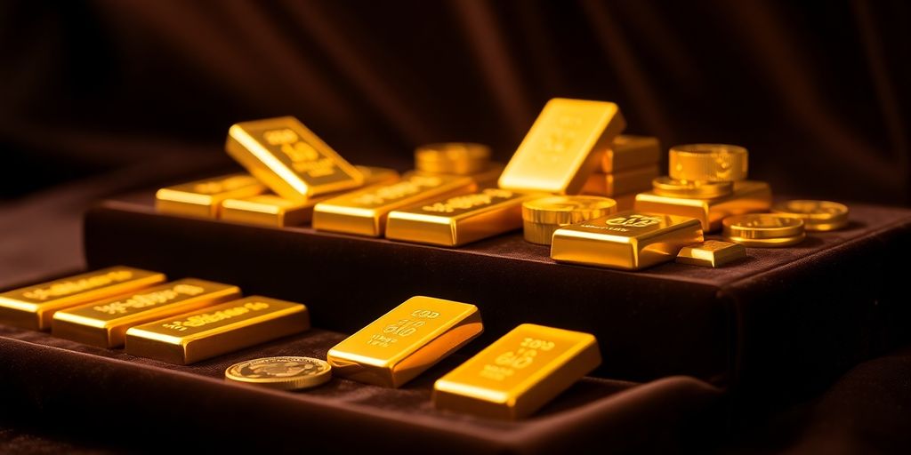 Barres et pièces d'or sur fond sombre.