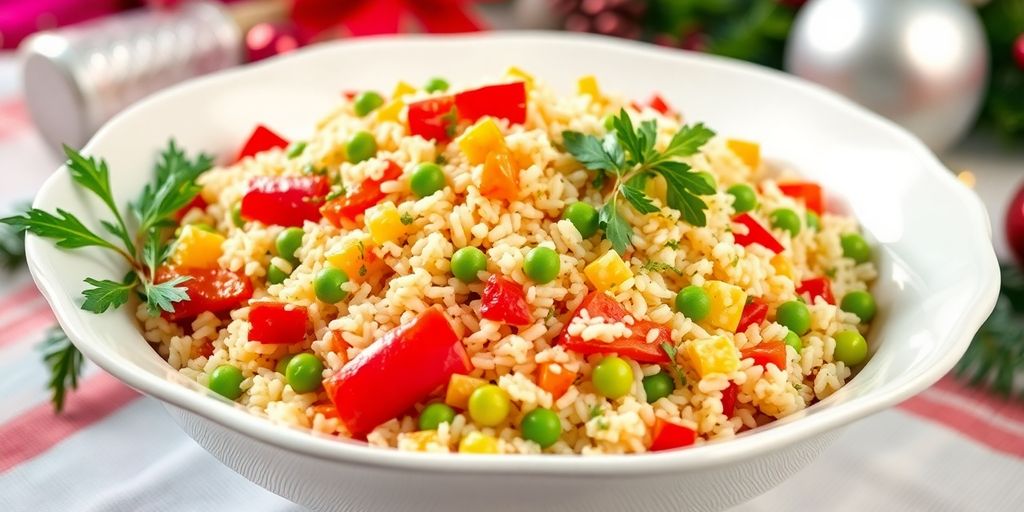 20 Receitas fáceis para ceia de natal 2 Arroz à Grega colorido em uma tigela elegante.