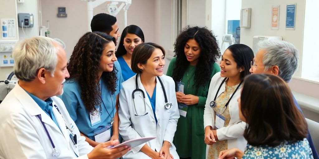 Healthcare professionals assisting patients in multiple languages.