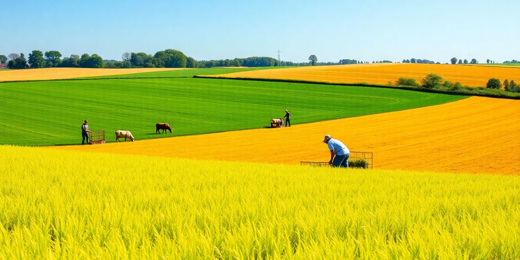 Scène agricole avec des agriculteurs dans les champs.