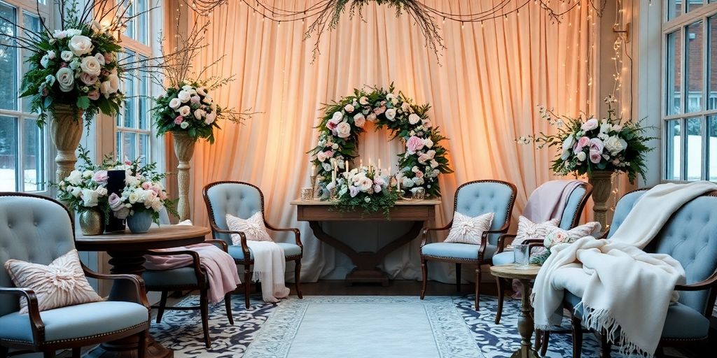Elegant winter wedding colors and cozy decorations.