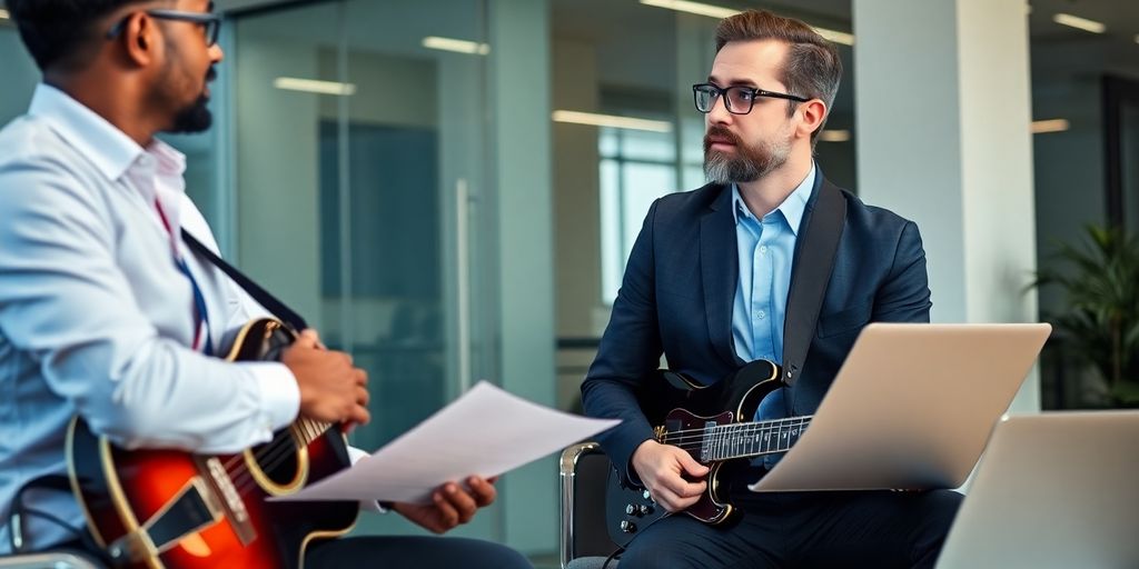 Lawyer consulting with musician in modern office setting.