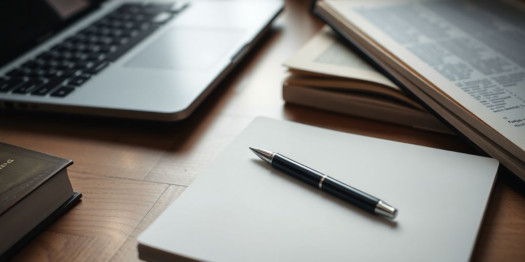 Close-up of a notepad and pen on a desk.