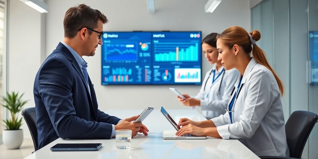 Profissionais de marketing digital colaborando em um escritório moderno.