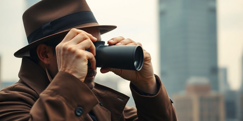Private investigator observing with binoculars in urban setting.