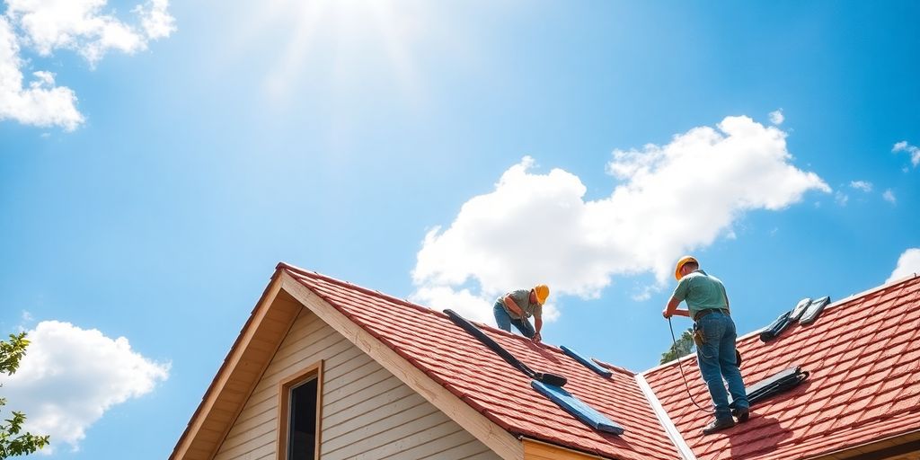 Roofing work on a sunny day during summer.