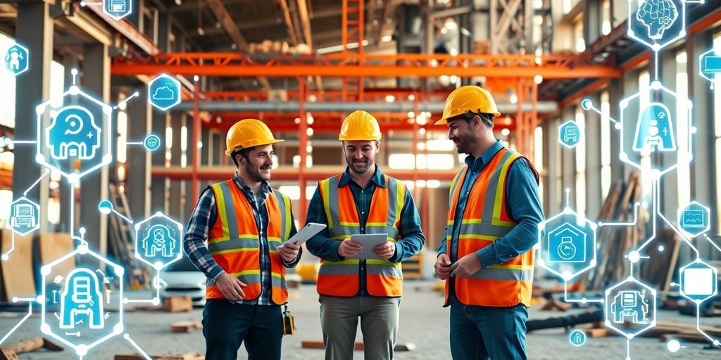 Contractors collaborating with digital technology in a construction site.
